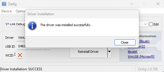 Zadig reporting “The driver was installed successfully”