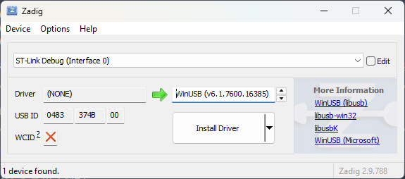 Zadig with “ST-Link Debug (Interface 0)” selected, USB ID 0483 374B, and WinUSB as the target driver